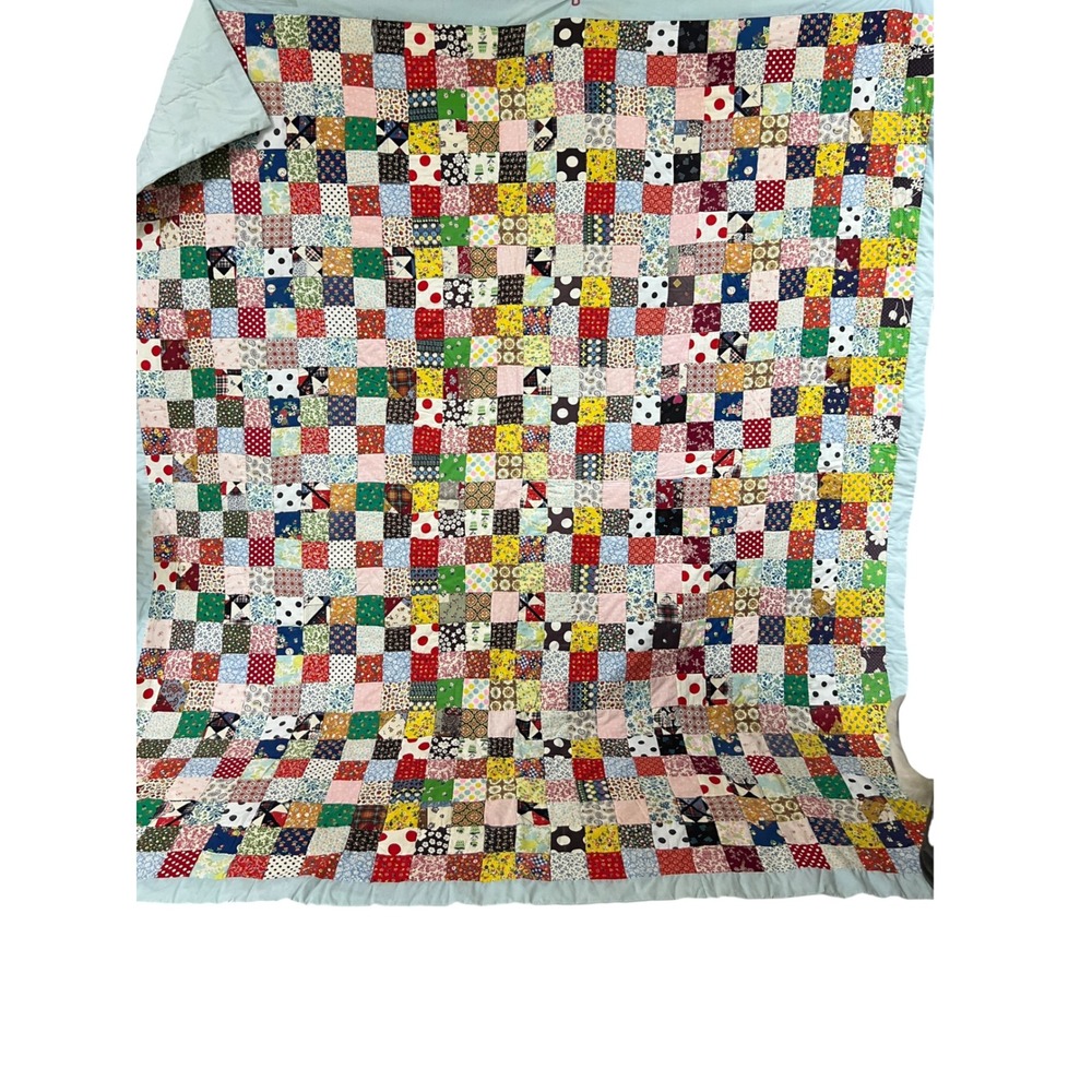 Vintage 1970s Postage Stamp Patchwork Quilt Queen 90x82 Handmade - Picture 2 of 6